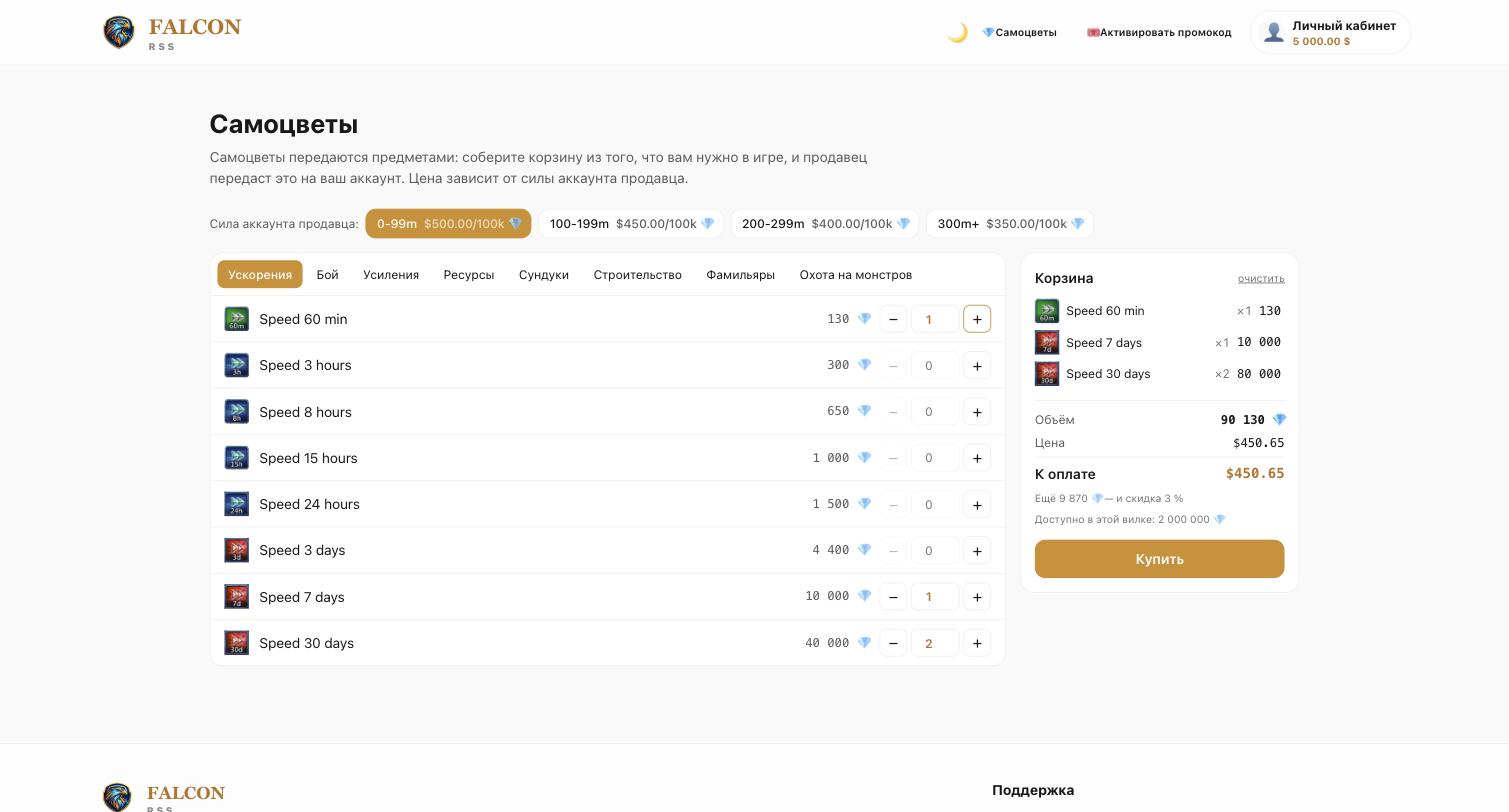 Корзина самоцветов: список предметов и панель итога
